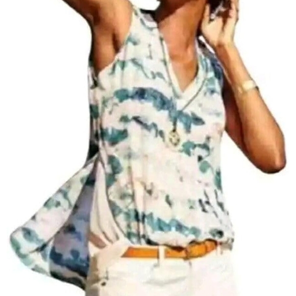 CAbi Tops - Cabi Pink Green Gelato Watermark Print V Neck Sleeveless Layered Women Top